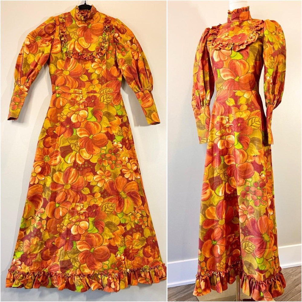 Vintage 1970s Sparkly Floral Dress Hawaiian Orange Tropical Flower Power Retro
